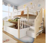 Lit superposé Merax 90x200 et 140x200 cm, lit enfant avec espace de rangement, coffre de lit hydraulique, escalier avec tablette, lit superposé, bois massif, blanc+naturel