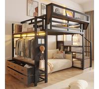Lit superposé Merax, dimensions 140x200 cm, avec éclairage LED et barre de penderie, structure métallique avec tiroir en tissu et panier de rangement, lit pour enfant avec échelle et espace de rangeme