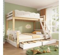 Lit superposé Merax, dimensions 90x200 et 140x200, avec sommier à lattes, cadre de lit en bois avec barrière de sécurité rembourrée, lit pour enfant avec tiroirs et porte-revues, conforme à la norme E