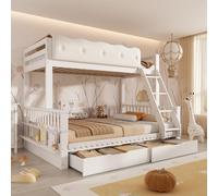 Lit superposé Merax, dimensions 90x200 et 140x200, avec sommier à lattes, cadre de lit en bois avec barrière de sécurité rembourrée, lit pour enfant avec tiroirs et porte-revues, conforme à la norme E