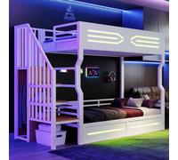 Lit superposé Merax en fer forgé 90 x 200 cm avec éclairage LED, escalier et armoire, lit mezzanine en métal avec barrières de sécurité et espace de rangement, lit pour adolescent avec barrières, blan