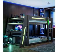 Lit superposé Merax Gaming 140 x 200 cm, lit mezzanine avec bureau, éclairage LED, port USB, lit en bois pour enfant avec rangements, lit pour adolescent, noir
