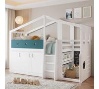 Lit superposé Merax, lit enfant mi-hauteur 90x200 cm avec espace de jeu, lit-cabane en bois avec espace de rangement et échelle, lit multifonctionnel, blanc