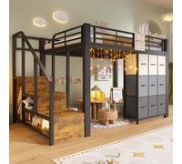 Lit superposé Merax, lit mezzanine 140 x 200 cm, lit d'enfant en métal avec 9 tiroirs, tringle à vêtements, mini-sac, escalier avec espace de rangement, lit superposé pour adolescents, noir