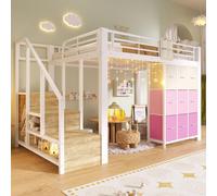 Lit superposé Merax, lit mezzanine 140 x 200 cm, lit d'enfant en métal avec 9 tiroirs, tringle à vêtements, mini-sac, escalier avec espace de rangement, lit superposé pour adolescents, blanc