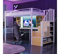 Lit superposé Merax, lit mezzanine 90 × 200 cm avec bureau, lit d'enfant équipé d'une lampe LED et d'une prise électrique, escalier avec rangement pouvant être monté à gauche ou à droite, structure en