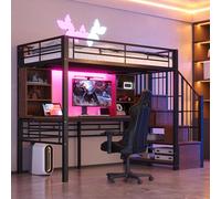 Lit superposé Merax, lit mezzanine 90 × 200 cm avec bureau, lit enfant avec éclairage LED et prise électrique, escalier avec rangement pouvant être monté à gauche ou à droite, structure métallique, no