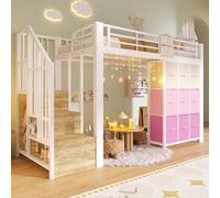 Lit superposé Merax, lit mezzanine 90 x 200 cm, lit d'enfant en métal avec 9 tiroirs, tringle à vêtements, mini-sac, escalier avec espace de rangement, lit superposé pour adolescents, blanc