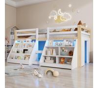 Lit superposé Merax Lit mi-haut 90 x 200 cm, avec éclairage LED, bibliothèque, étagères, barrières, pin, lit enfant, lit mezzanine, lit adolescent, naturel + blanc