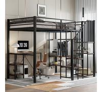 Lit superposé Merax, modèle à hauteur élevée, 120x200 cm, avec bureau et étagères, lit pour enfant avec armoire, style industriel, escalier d'angle, espace de rangement, couleur noire