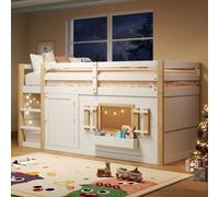 Lit superposé Merax pour enfants 90 x 200 cm avec échelle et sommier à lattes, lit mezzanine multifonctionnel avec espace de jeu en dessous, lit ludique avec fenêtre et porte, blanc