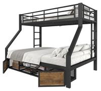 Lit superposé - Métal - 90 x 200 cm - Avec espace de rangement comprenant un meuble à chaussures - Barre de sécurité - Échelle - Noir