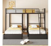 Lit Superposé Métal - Transformable en 3 lits - 140x200cm et 2x90x200cm - Noir - EN747 Certifié