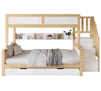 Lit superposé - Modèle combiné avec un lit pour bébé - Lit escamotable - Armoire - Escalier d'angle - Bois massif et MDF - Blanc/Naturel - 90x200/90x190/120x200 cm