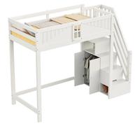 Lit superposé - Modèle combiné - Bois massif - Porte de sécurité avec fenêtre - Espace de rangement latéral - Échelle amovible, installable des deux côtés - 90 x 200 cm - Blanc