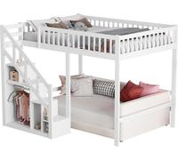 Lit superposé Moonbite 140x200 cm en bois massif avec escalier bibliothèque, grand lit superposé pour adultes, barrière de sécurité, blanc