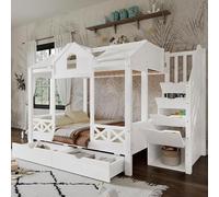Lit superposé pour 2 enfants, lit enfant 90x200 cm et 140x200 cm avec fenêtre et toit, lit-cabane en hauteur avec escalier et espace de rangement, lit superposé en bois avec barrière de sécurité, blan