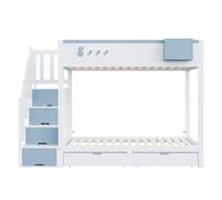 Lit superposé pour enfant 90 x 200 cm, avec motifs lapins et carottes, casier amovible, échelle de rangement sécurisée, tiroirs, sommier à lattes, blanc + bleu