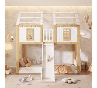 Lit superposé pour enfant, 90 x 200 cm, avec toboggan, cabane en bois avec échelle modulable, fenêtres et barrière de sécurité tout autour, couleur blanche et bois naturel