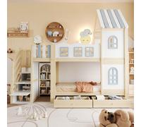 Lit superposé pour enfant, 90x200 cm, avec barrières de sécurité en forme de nuages, toit de maison, fenêtres, échelle de rangement, étagères et tiroirs. Lit pour enfant en bois, lit double, blanc