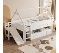 Lit superposé pour enfant 90x200 cm avec toboggan et espace de rangement, lit-cabane avec structure en forme de toit, barrière de sécurité, en bois massif et MDF, blanc/gris