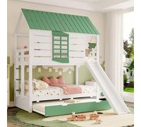 Lit superposé pour enfant, 90x200 cm, blanc et vert - avec toboggan et lit tiroir - design en forme de toit en pente et avec fenêtres - barrières de sécurité et échelle stable