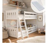 Lit mezzanine 90x200 cm avec deux matelas, protection contre les chutes & deux sommiers à lattes en blanc filles garçons lit enfant lit adolescent 200x90 cm