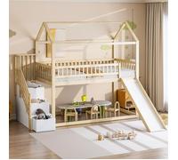 Lit superposé pour enfant 90x200 cm, Lit mezzanine, avec toboggan et échelle de rangement, structure haute de clôture, couleur bois