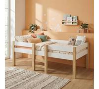Lit superposé pour enfant Aspy, 90x200 cm – Lit à barreaux avec protection anti-chute et sommier à lattes – Lit mi-hauteur avec échelle en bois massif de pin, finition blanche/naturel – Lit pour adole