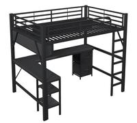 Lit superposé pour enfant avec bureau et armoire intégrés - 140 x 200 cm - Structure en métal et panneaux en MDF - Espace de rangement - Ports USB et éclairage LED - Noir
