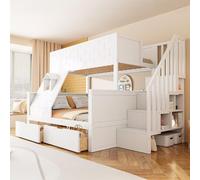 Lit superposé pour enfant avec échelle de sécurité, tiroirs et fenêtre, lit supérieur 90 x 200, lit inférieur 140 x 200, structure solide en bois massif, couleur bois