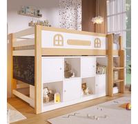 Lit superposé pour enfant avec tableau noir, étagère et échelle, gain de place, blanc/naturel, sans matelas, idéal pour garçons et filles, dimensions 90 x 200 cm