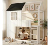 Lit superposé pour enfant en forme de maison - Lit simple en bois - 90 x 200 cm - Avec espace de rangement - Barrières de sécurité tout autour - Escalier à 3 marches - Blanc/Noir