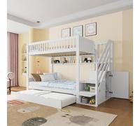 Lit superposé pour enfants 90 x 200 cm avec armoire, lit gigogne et escalier avec rangement, en pin massif et MDF, lit mezzanine multifonctionnel pour chambre d'enfant, sans matelas, blanc