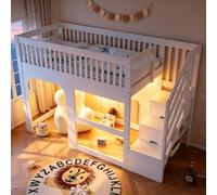 Lit superposé pour enfants, 90 x 200 cm, avec escalier de rangement, éclairage LED, imitation de porte et de fenêtre, barrière de sécurité et sommier à lattes, lit superposé bas, blanc/gris