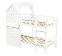 Lit superposé pour enfants - 90 x 200 cm - Bois massif et MDF - Fenêtre et toit - Barrières de sécurité latérales - Échelle droite à 3 marches - Structure à lattes robuste - Blanc