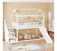 Lit superposé pour enfants, 90 x 200 cm, lit à baldaquin avec toboggan et échelle de rangement, structure en bois massif, barrière de sécurité élevée, sommier à lattes, design gain de place, blanc