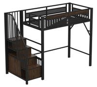 Lit superposé pour enfants - 90 x 200 cm - Structure en métal et bois - Couleur noire - Barrière de sécurité avec fenêtre - Armoire de rangement - Échelle de sécurité
