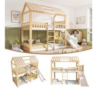 Lit superposé pour enfants 90x200 avec toit en forme de pignon, blanc et naturel. Lit-cabane avec échelle, étagères et toboggan de 35 cm, pour une montée en toute sécurité