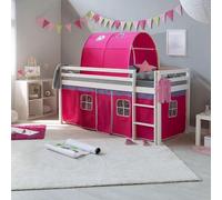 Lit superposé pour enfants 90x200 cm, blanc - Bois massif en pin | Inclut un tunnel et un rideau roses - Lit superposé sûr avec barrière de sécurité et échelle - Lit jouet gain de place