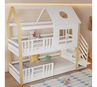 Lit superposé pour enfants avec escalier de stockage, barrière de sécurité, design maison, blanc+naturel, 90x200cm, 253.5x95.5x206cm