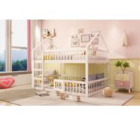 Lit superposé pour enfants avec escalier et barrières de sécurité, porte intégrée, espace de jeu et de repos modulable, structure en bois et en métal