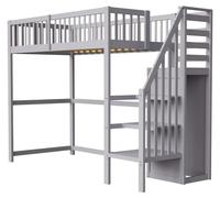 Lit superposé pour enfants avec espace de rangement - Dimensions du matelas : 90 x 200 cm - Escalier avec rangement intégré - Espace de rangement latéral - Armoire - Structure en métal - Couleur : gri