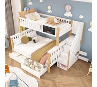 Lit superposé pour enfants avec lit double, lit multifonctionnel avec tableau et tiroirs (sans matelas), blanc et chêne clair, 90 x 200 + 140 x 200 cm