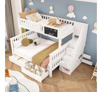 Lit superposé pour enfants avec lit double, lit multifonctionnel avec tableau et tiroirs (sans matelas), blanc, 90 x 200 + 140 x 200 cm