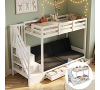 Lit superposé pour enfants avec lit double, multifonctionnel avec armoire-escalier et 2 tiroirs, sans matelas, niveau inférieur utilisable comme lit ou canapé avec coussins, blanc, 90 x 200 cm