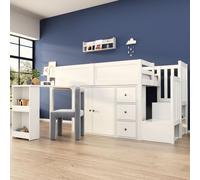 Lit superposé pour enfants, dimensions 90 x 200 cm, avec bureau escamotable, armoire, tiroir, meuble d'escalier, étagère et sommier à lattes, en MDF, de couleur blanche