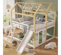 Lit superposé pour enfants, dimensions 90x200 cm, avec toboggan, échelle, design de maisonnette, porte, montage possible à gauche ou à droite, espace de jeu