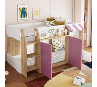 Lit superposé pour enfants, hauteur intermédiaire, dimensions 90x200 cm, en pin, contreplaqué et MDF, avec échelle d'escalade, espace de rangement ouvert et design de maison, en bois blanc et rose