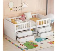 Lit superposé pour enfants - Hauteur réduite - 4 tiroirs de rangement - Barrière de sécurité avec échelle intégrée - Bois massif de pin - Blanc/Pin - 90 x 200 cm